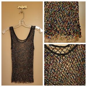 Beaded net sleeveless top. Black, red, blue, green.
